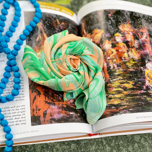 Square Silk Scarf with Hand-Printed Water Patterns