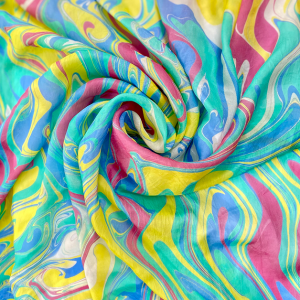 Square Silk Scarf with Hand-Printed Water Patterns