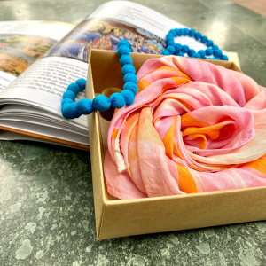 Square Silk Scarf with Hand-Printed Water Patterns