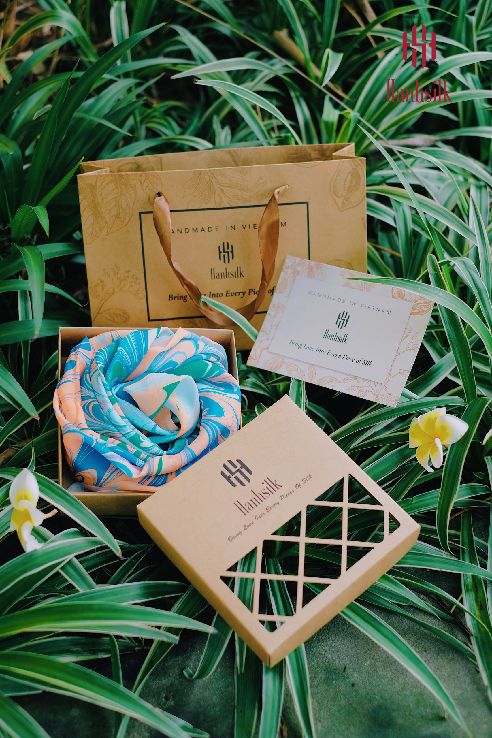 Square Silk Scarf with Hand-Printed Water Patterns